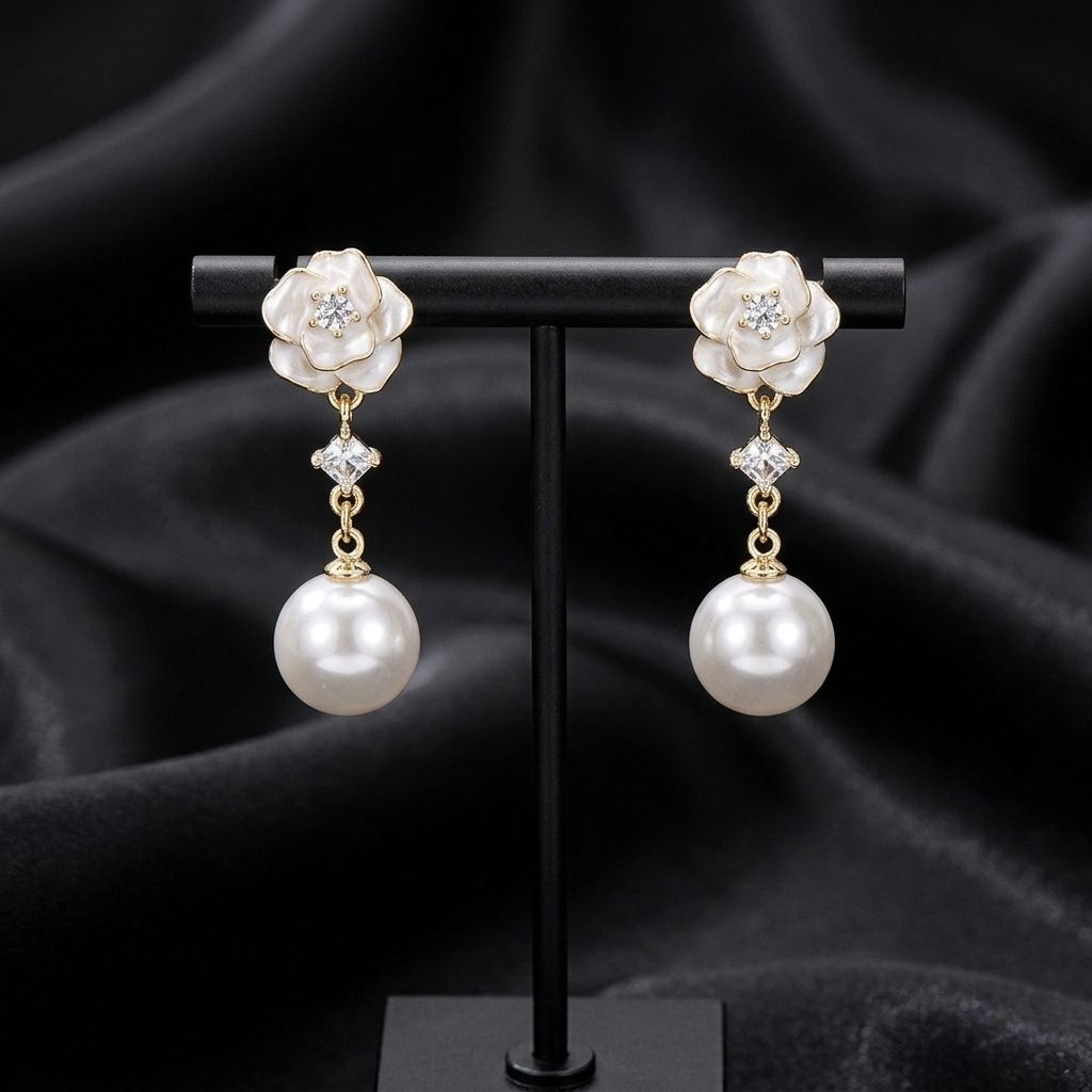 Flower Pearl Drop Earrings 